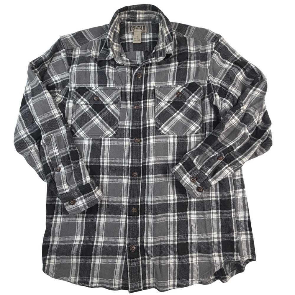 Duluth Trading Co Mens Gray Black Plaid Heavyweight Thick Cotton Flannel Shirt M